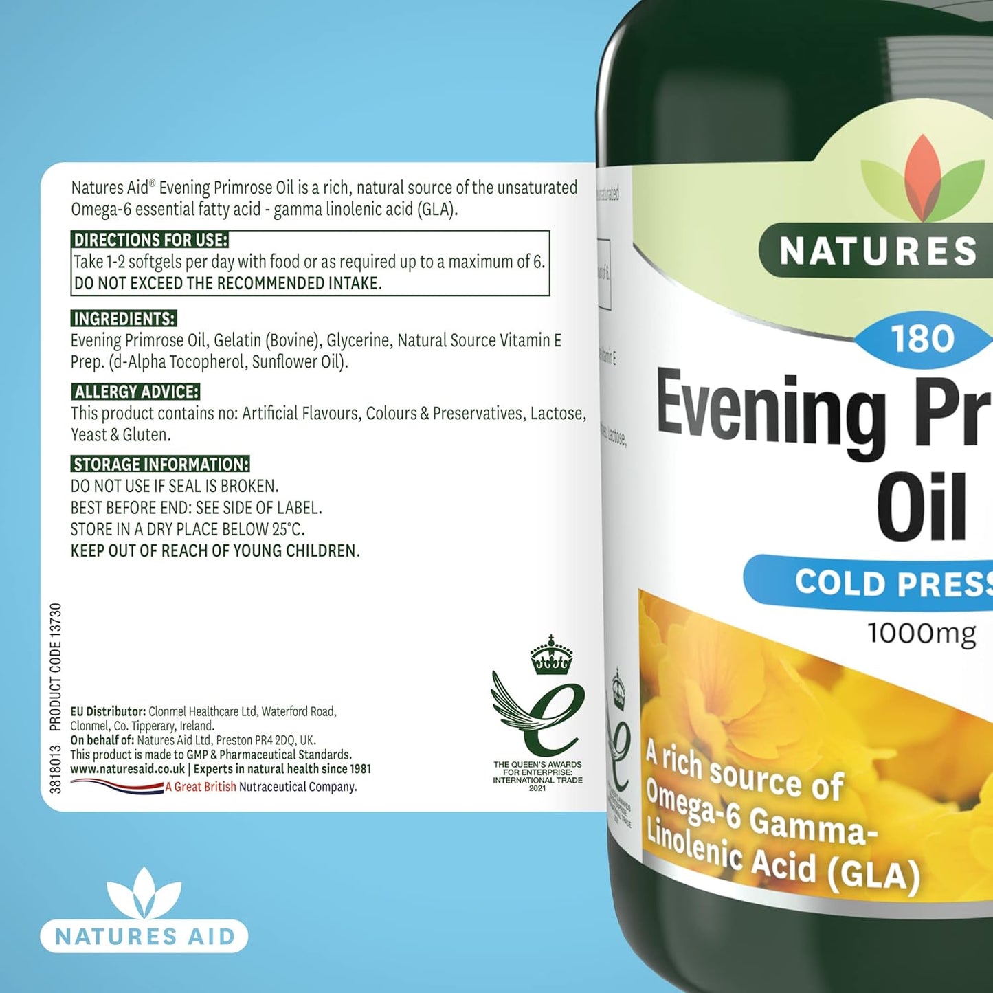 Natures Aid Evening Primrose Oil 1000 mg, Cold Pressed, Omega-6 GLA, 180 Softgel Capsules