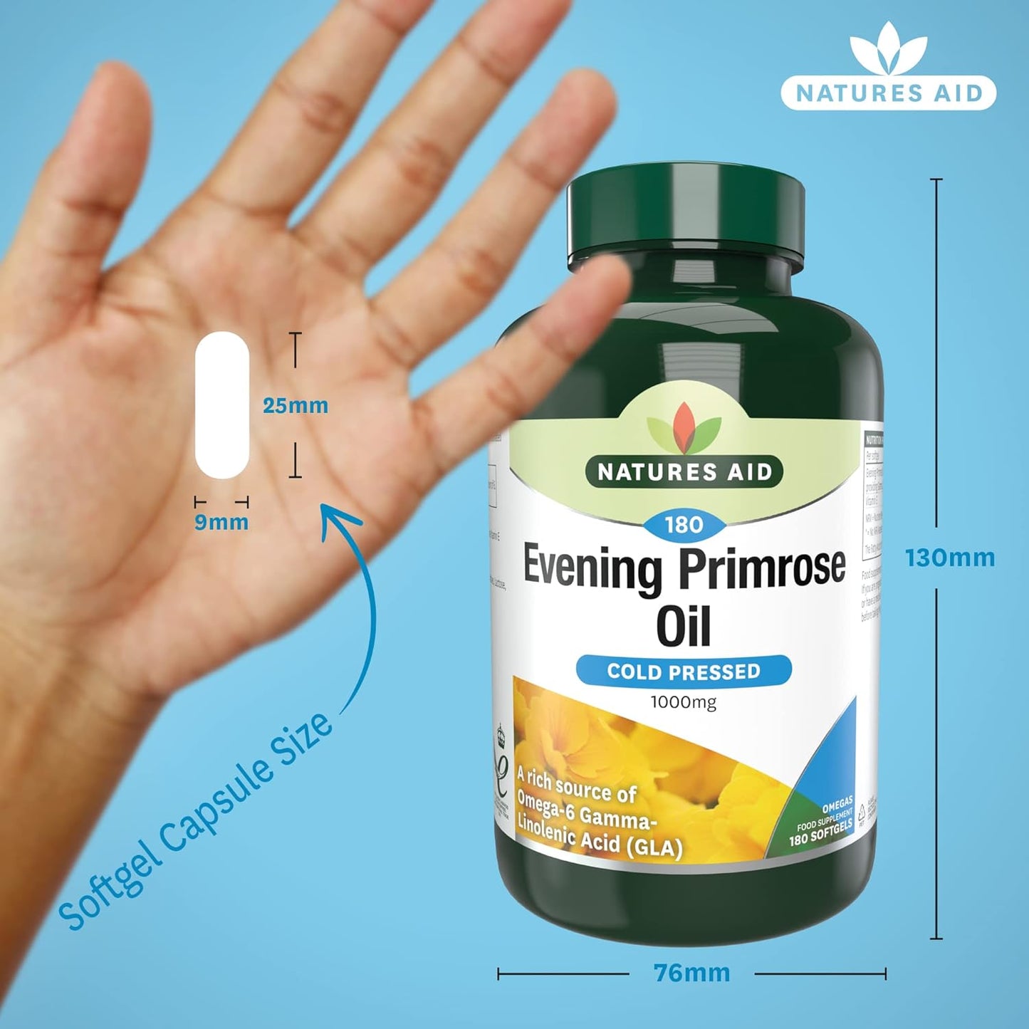 Natures Aid Evening Primrose Oil 1000 mg, Cold Pressed, Omega-6 GLA, 180 Softgel Capsules