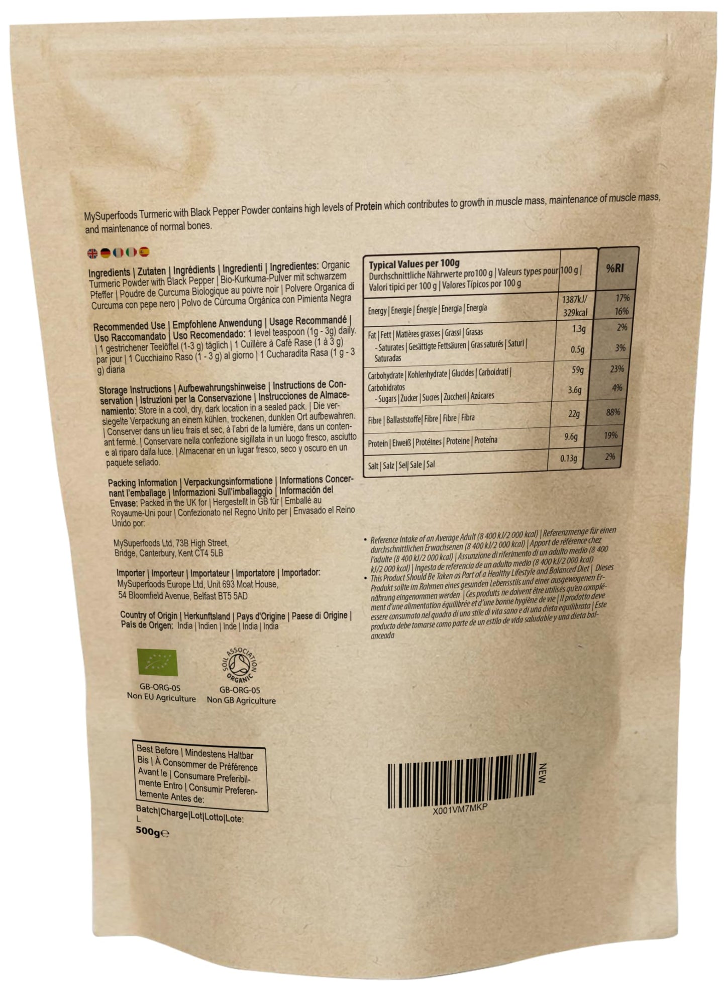 Organic Turmeric Powder with Black Pepper (500g) - High Absorption, Natural Source of Curcumin